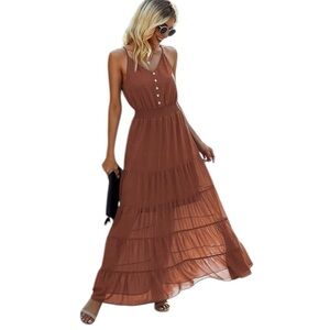 PRETTYGARDEN Sundress Spaghetti Strap High Waist Ruffled Maxi Dress Never Worn S